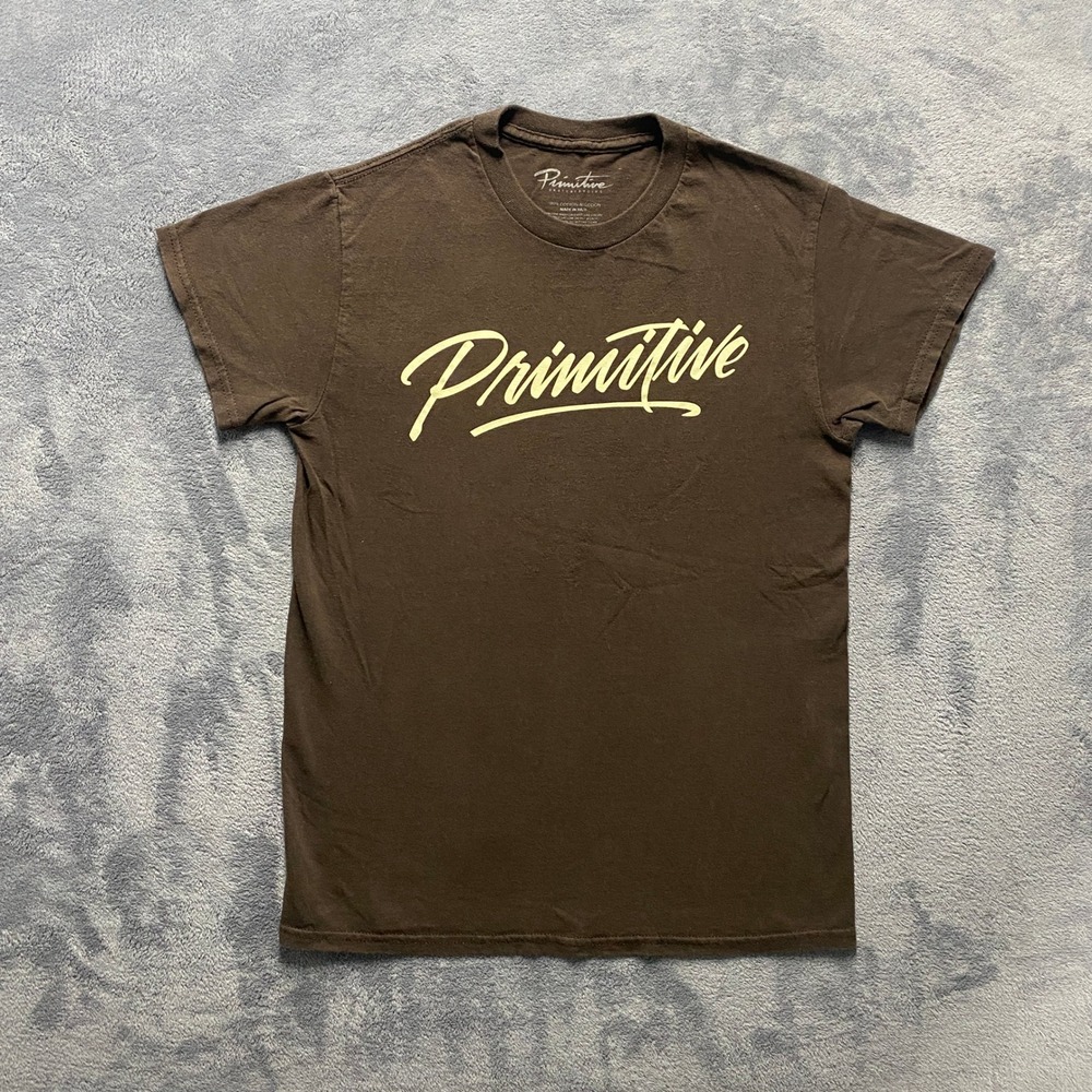 Primitive Skateboarding T-Shirt Mens Small Brown Script Logo Short Sleeve